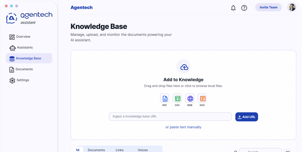 Agentech Assistant dashboard — Knowledge Base upload screen